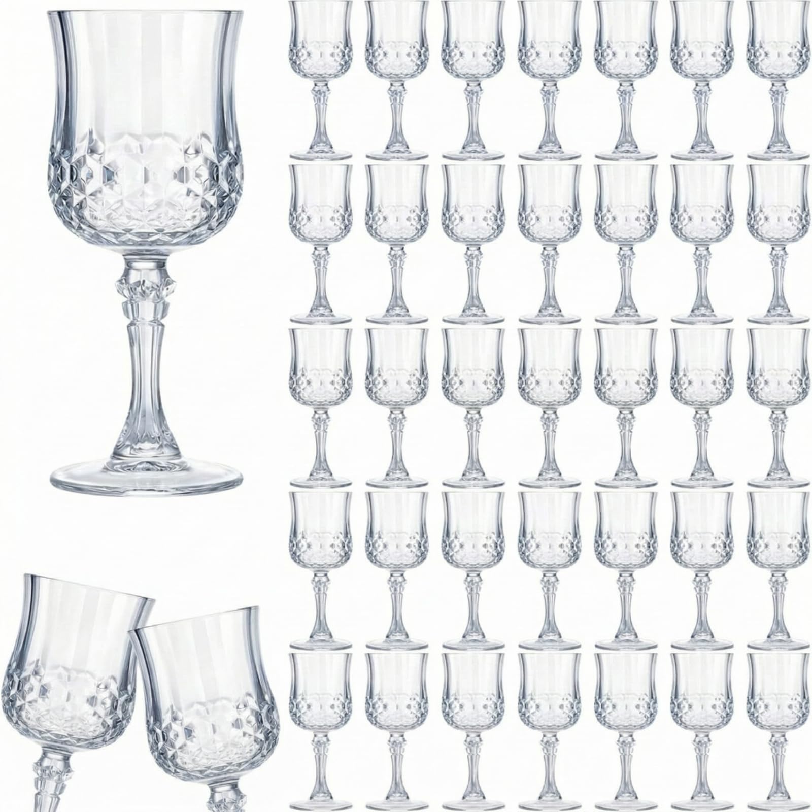 Photo 1 of Pinkunn 50 Pcs 7 oz Plastic Vintage Wine Glasses Reusable Colored Goblets Patterned Drinking Water Glasses Cup Dishwasher Safe for Mother's Day Wedding Reception Party Supplies (Transparent)