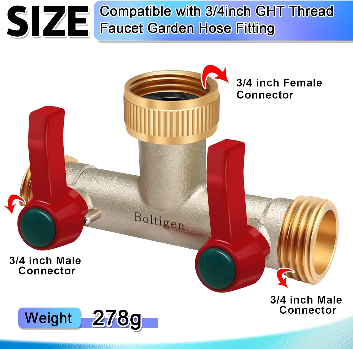 Boltigen 3/4’’ GHT Garden Hose Splitter，2 Way Heavy Duty Water Hose Splitter, Brass Nickel Plated Outdoor Faucet Extender Splitter, T Type 180 Degree Garden Hose Bib Splitter with Shut-Off Valves