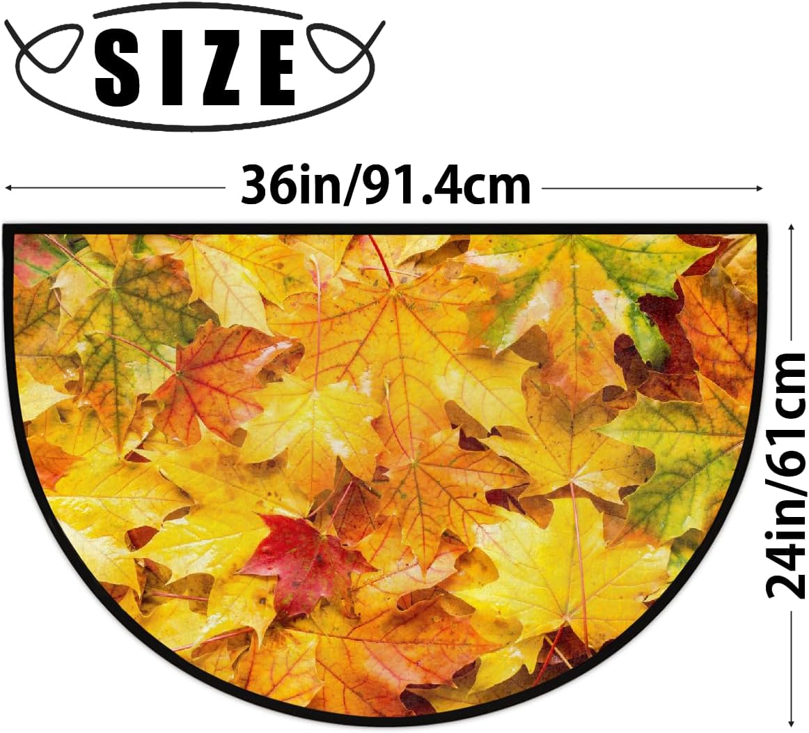 Half Round Door Mat Autumn Maple Leaf Fall Half Moon Rug Washable Half Circle Area Rugs Indoor Entrance Non Slip Semi Circle Bathroom Rugs Floor Carpet for Kithen Bedroom Fireplace Decor