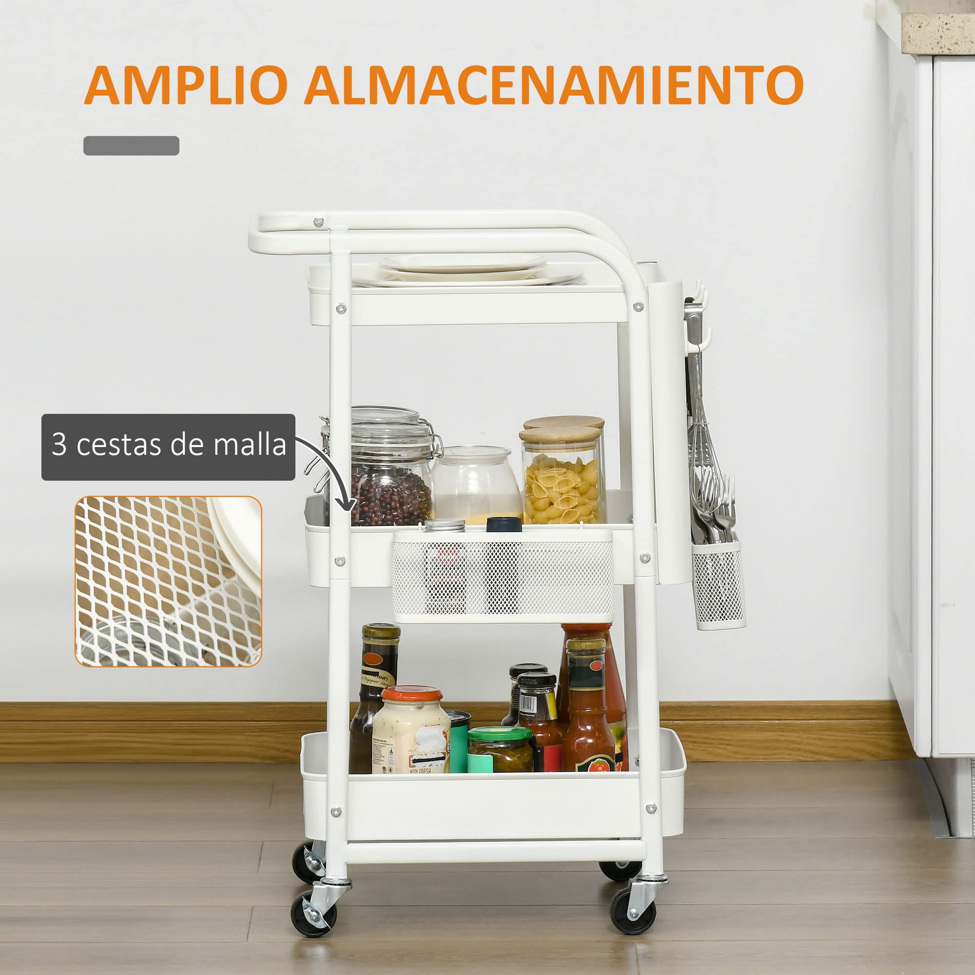 HOMCOM Carrito de Cocina de Acero con Ruedas Carro de Almacenamiento de 3 Niveles 4 Ganchos 2 Cestas Colgantes y Asa para Baño Salón Dormitorio 51,5x32x75,6 cm Blanco