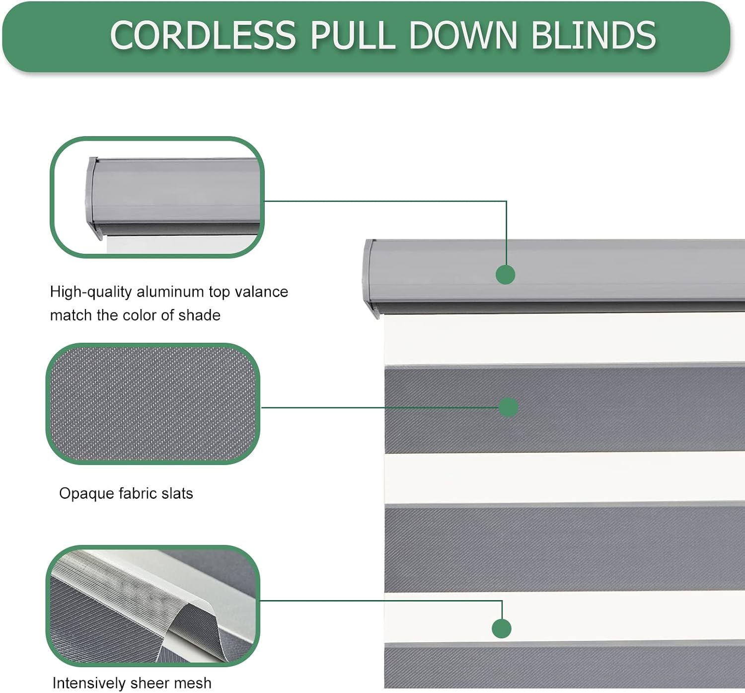 Tonature Zebra Blinds for Windows Cordless Free-Stop Light Filtering Sheer Shades for Home, Room Darkening Light Control Roller Blinds for Day and Night Home, Office, 41" x 72", Grey