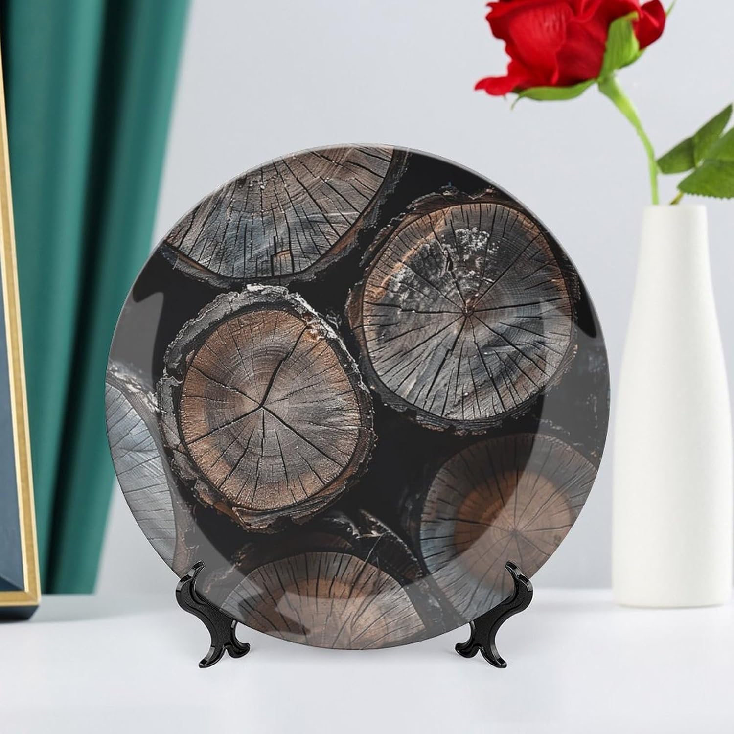 Bone China Decorative Plates Round Cut Wood Ceramic Decorative Plate Wall Decor with Display Stand Ceramic Ornaments for Wall Hanging Decoration