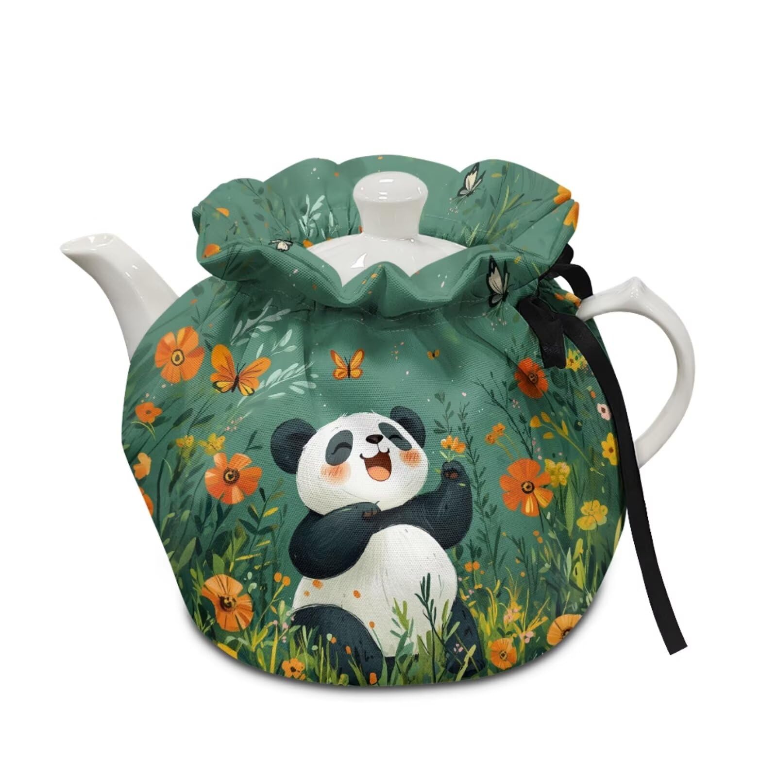 Panda Butterfly Flower Print Tea Cosy for Teapot Insulated Portable Tea Kettle Cozy Theme Teapot Insulation Cover with Drawstring Breakfast Warmer 6.1x6.1x6.9 Inch
