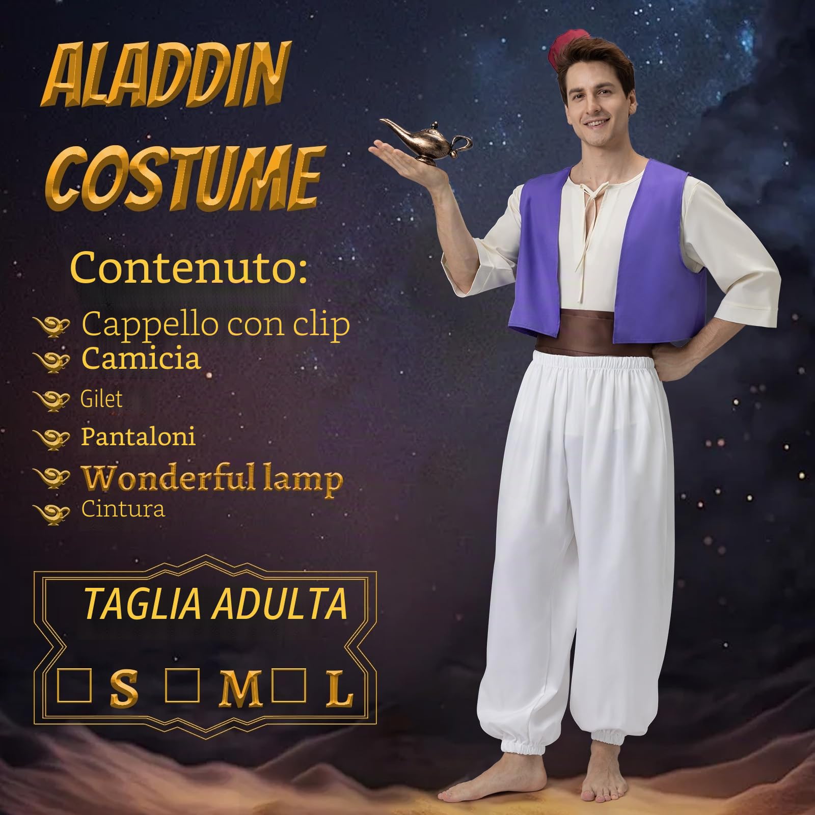 Joellfuner Aladdin Costume Adulto, Costume Aladdin Uomo, Costume Carnevale Principe Arabo con Lampada Aladino, Gilet Arabo, Pantaloni di Aladino, Camicie, Cappelli per Feste a Tema Carnevale