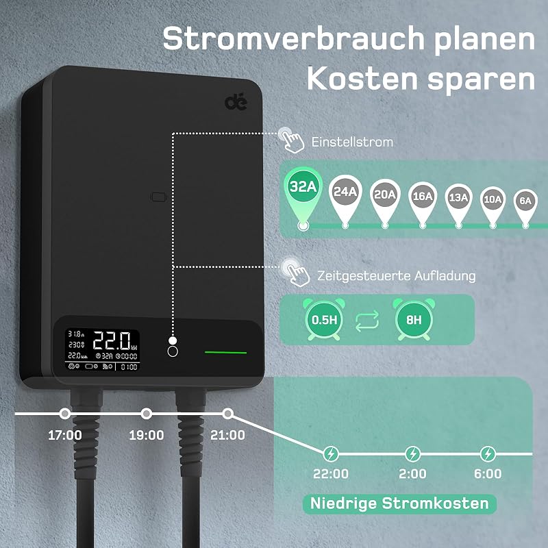 dé Type 2 Wallbox 22 kW 3 fázisú elektromos autó töltő RFID és applikációval