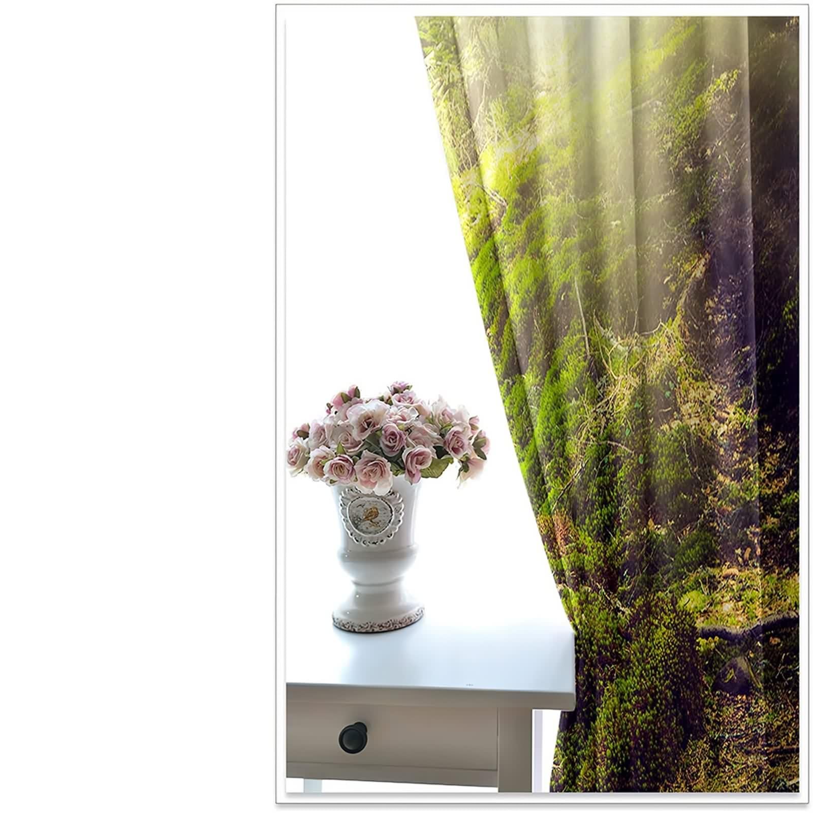 Rideaux Verts, Rideau Cuisine Long Polyester Les Arbres et La Lumière du Soleil 132L x 160H CM Lot de 2