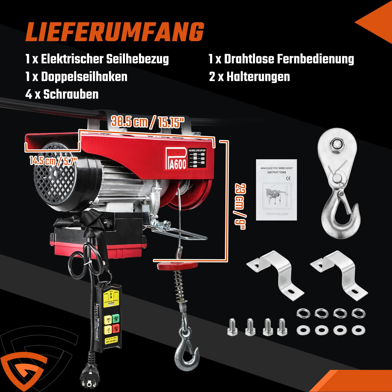Elektrische Seilwinde 300kg bis 600kg Hubhöhe 12m Seilzug Motorwinde Flaschenzug 10m/min Hubgeschwindigkeit Dual-Modus(Einfach- und Doppelseile）Hebezug mit kabelloser Fernbedienung Seilhebezug Ketten