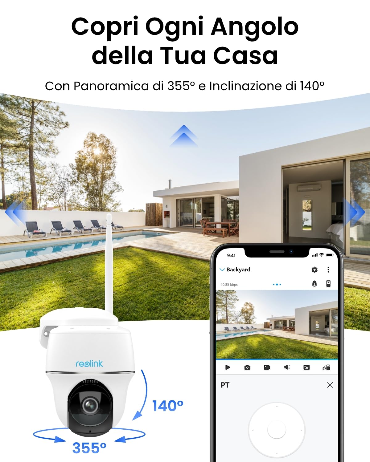 Reolink Argus PT Plus Telecamera WiFi Esterno Senza Fili 4MP 360° PT | Visione Notturna, Rilevamento Persona/Veicolo, Audio Bidirezionale, Batteria + Pannello Solare, Impermeabile, 64GB SD Inclusa