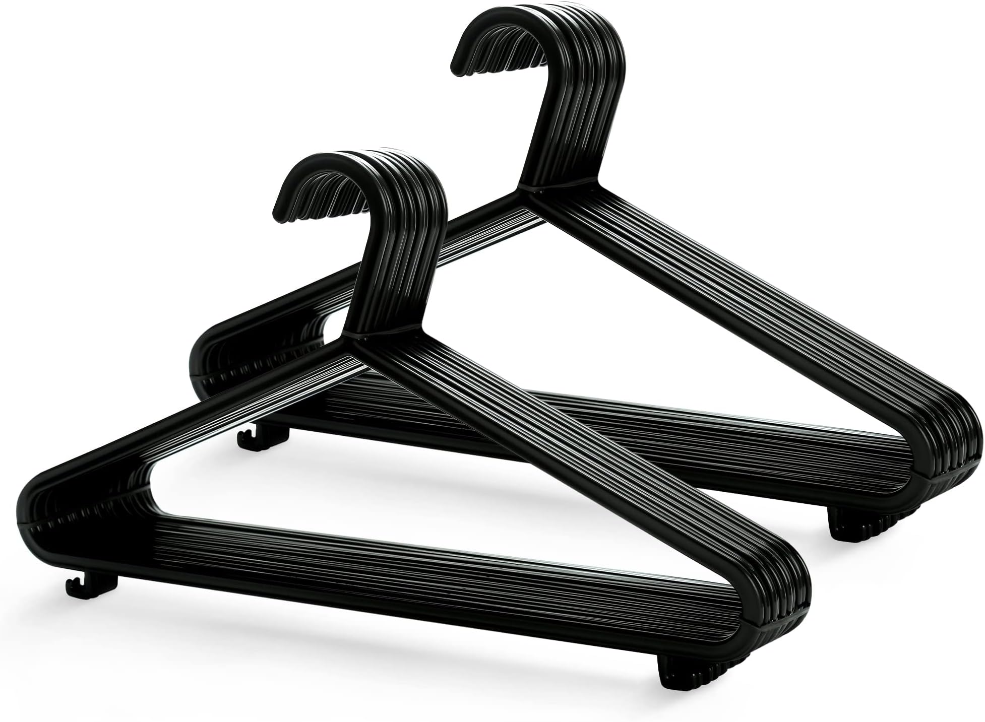 KEPLIN 25 Pack Adult Coat Hangers Black Colour Strong Plastic Clothes with Suit Trouser Bar and Lips (37.5cm Wide)