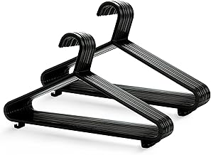 KEPLIN Adult Plastic Coat Hangers - 25pk, Strong Clothes Hangers for Clothes Rail & Closet, Clothing Hanger with Suit Pants Trouser Bar and Clips, Space Saving, 37.5 cm Wide (Black (Gloss)