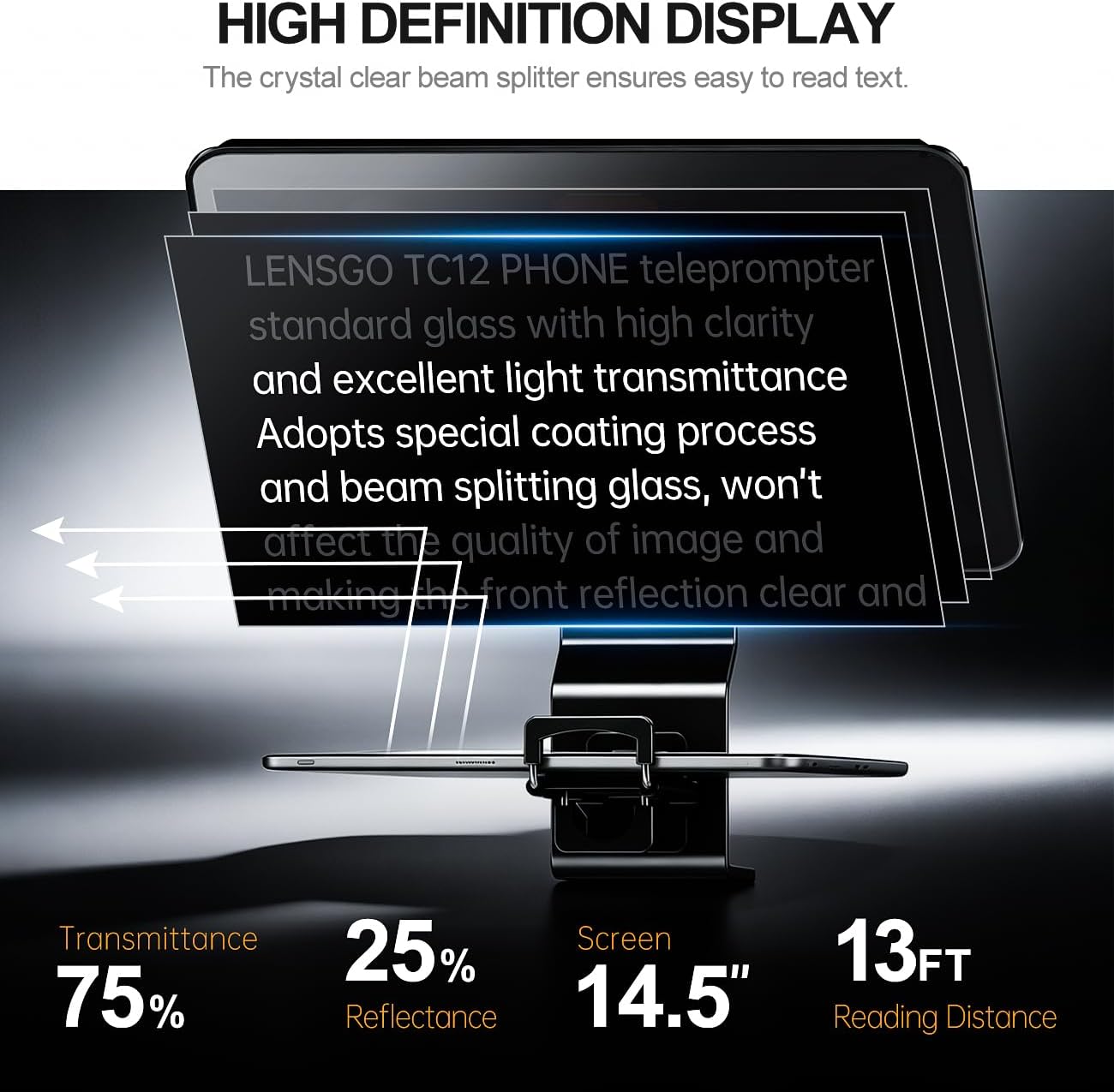 Teleprompter for Smartphone, LENSGO TC12P 14.5'' Teleprompter for iPhone with Bluetooth Remote, Professional Prompter for Vlogging, Interview