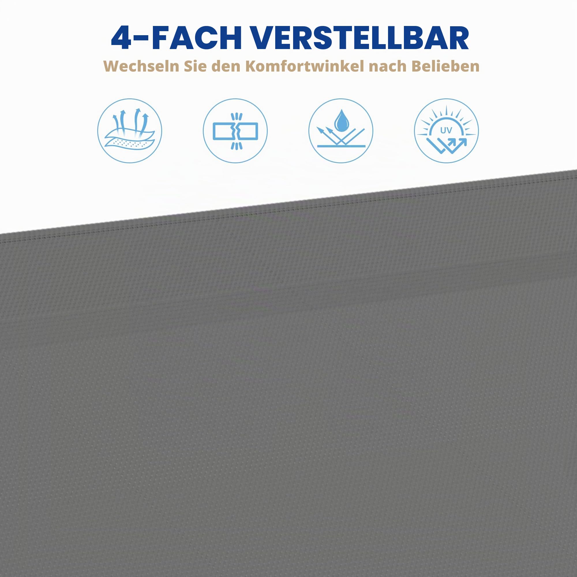 Sonnenliege klappbar mit Dach & 4-Fach Verstellbare Rückenlehne, Gartenliege mit Kopfkissen bis 150 kg, Tragbar Strandliege Liegestuhl, Campingliege für Pool, Strand (Grau mit Dach)