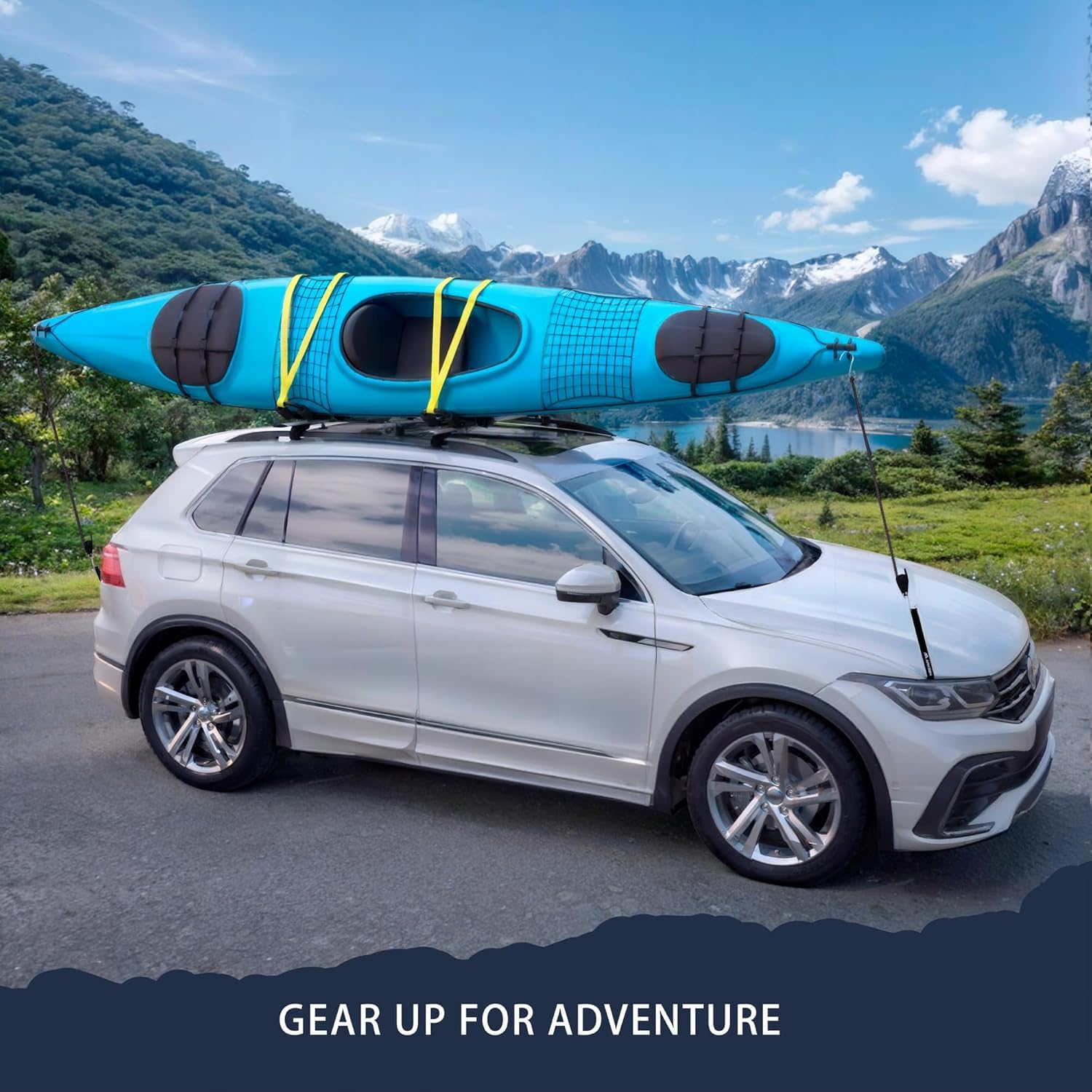 ARKSEN 2 Pair Universal Folding Kayak Roof Rack with 4 Lashing Strap, 4 Stern Tie Down Straps, 4 Anchor Straps, Heavy-Duty Adjustable J-Bar Kayak Carrier for Car, SUV, and Truck