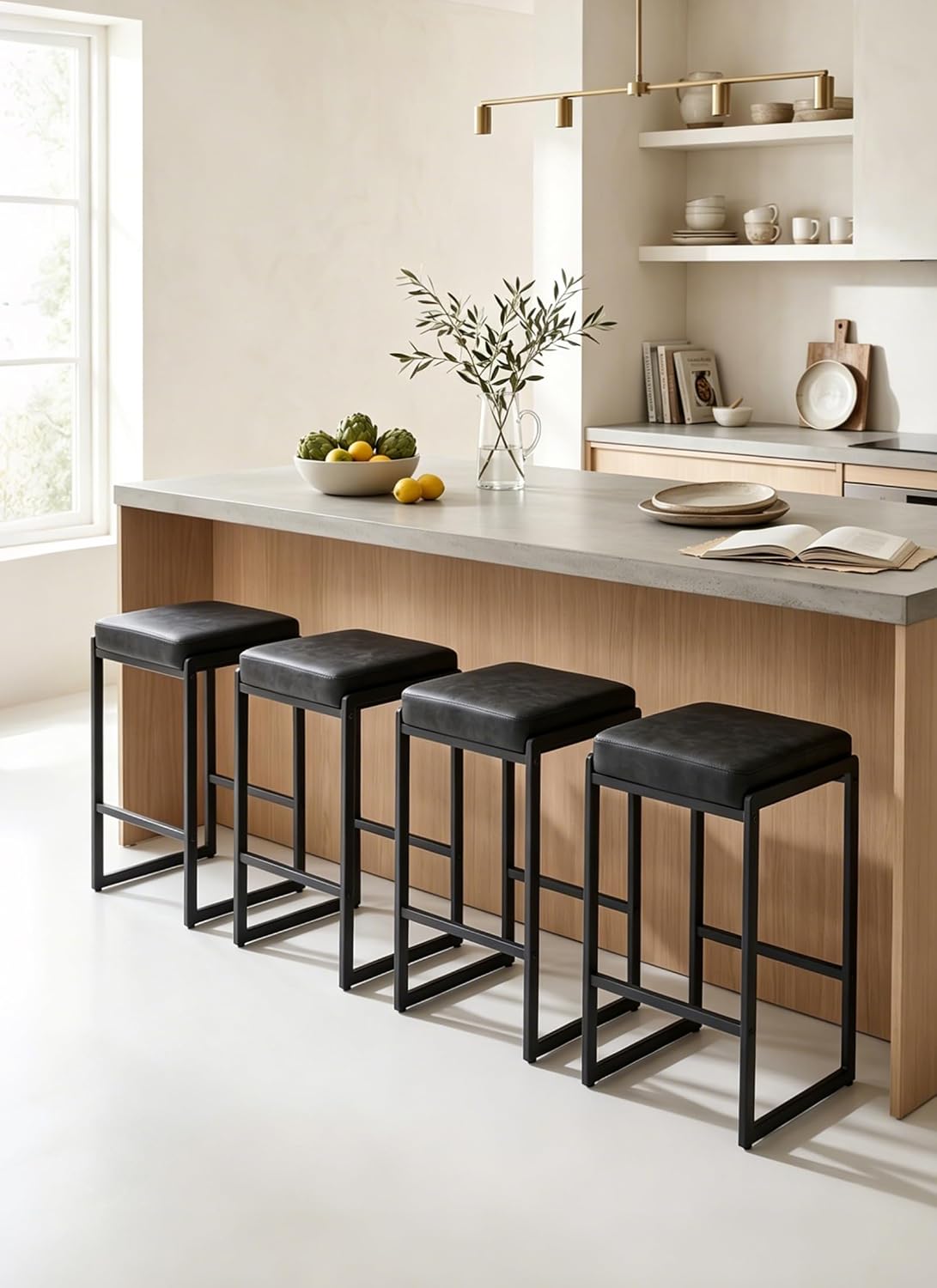 2-Piece Bar & Counter Stool Set - High-Resilience Sponge Seats, Retro Frosted Leather Texture, Fixed Height, Sturdy Metal Frame, Ideal for Kitchen Island/Bar, Black