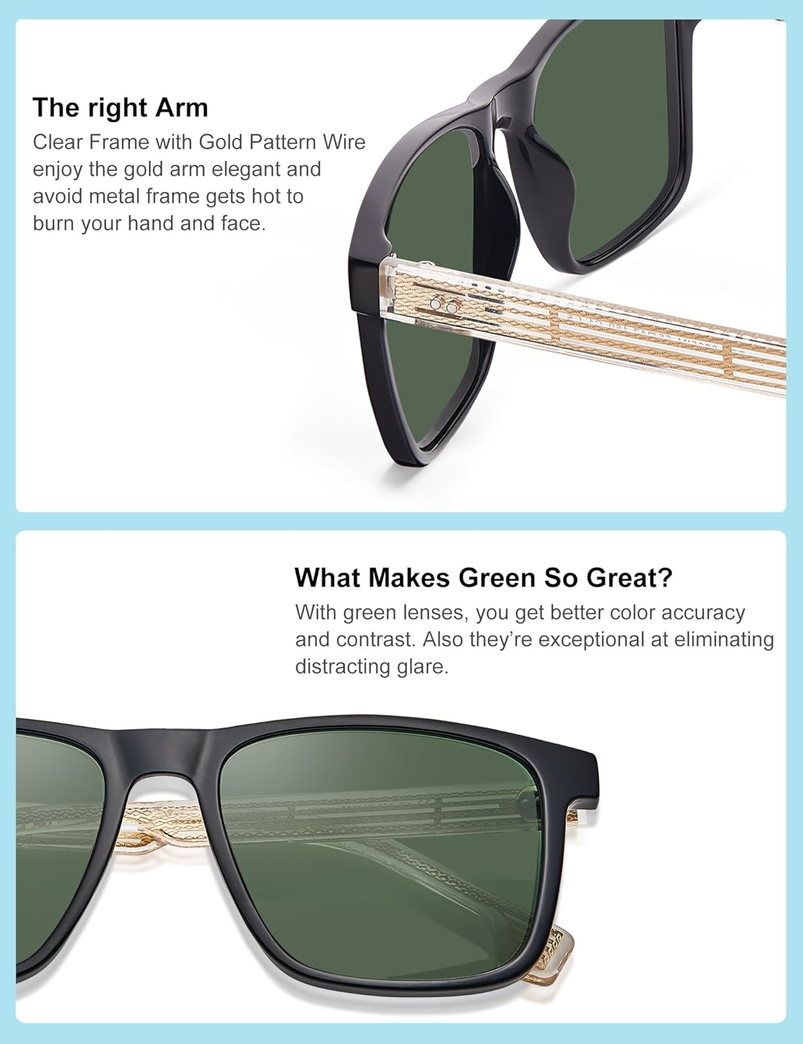 AVAWAY Polarized Sunglasses Men UV 400 Protection Rectangle Frame Sculpted Filigreed Corewire Arm Category 3 Sun Shades - Image 3