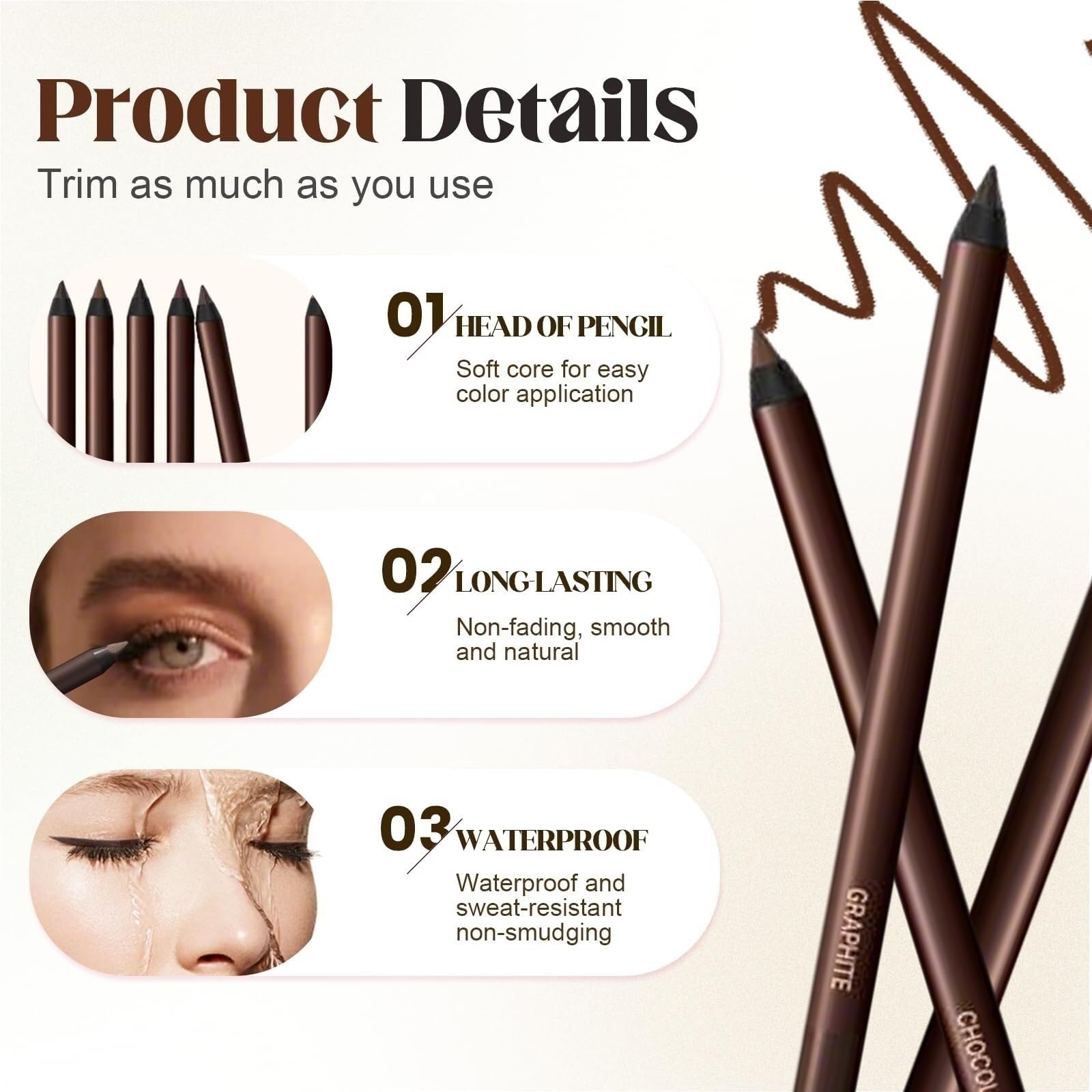 Matita eyeliner waterproof, 2025 Nuovo eyeliner duo waterproof 24 ore, matita occhi temperabile, senza sbavature, non sbiadisce, liscia e facile da colorare con 100 bastoncini di cotone.(Mix 7PCS)