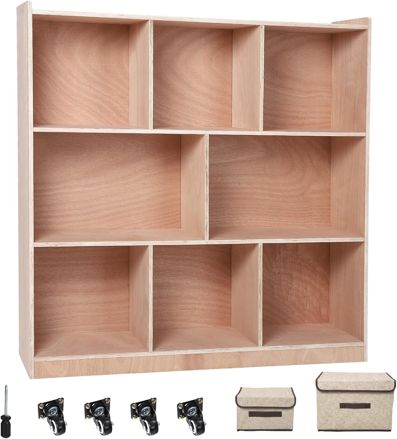 SunnyFurn 8-Section Classroom Coat Locker, 2 Large & 6 Small Cubbies, 4 Hidden casters, 2 Storage Boxes, Wooden Cubby Storage Cabinet, Backpack