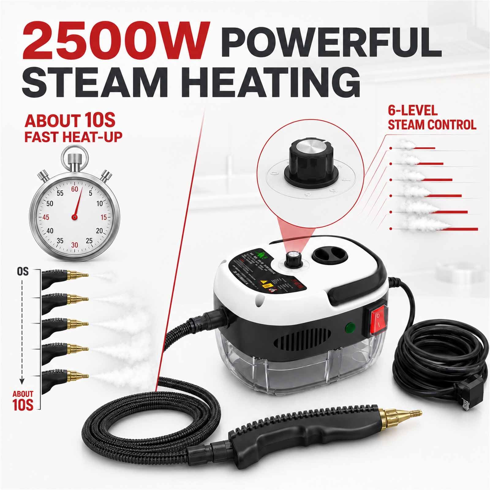 Pulitore A Vapore Portatile Da 2500 W Per La Casa | Macchina Per La Pulizia A Vapore Ad Alta Temperatura Con 3 Testine, Riscaldamento In 10 Secondi, Vapore A 3 Bar, Portata Di 4,7 M