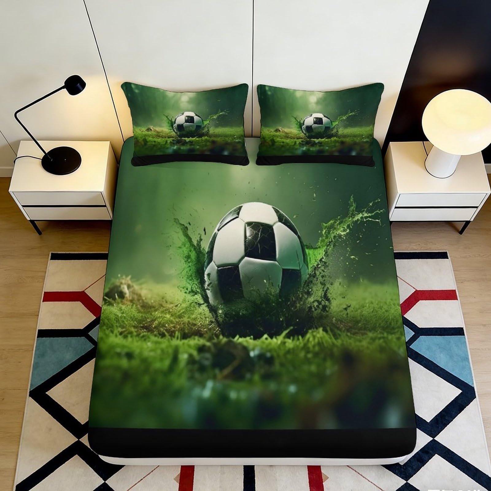 3D Printed Dynamic Soccer Splash Fitted Sheet Microfiber Soft Bed Sheet Green Football Mattress Cover Bedroom Decor 90x200x25cm