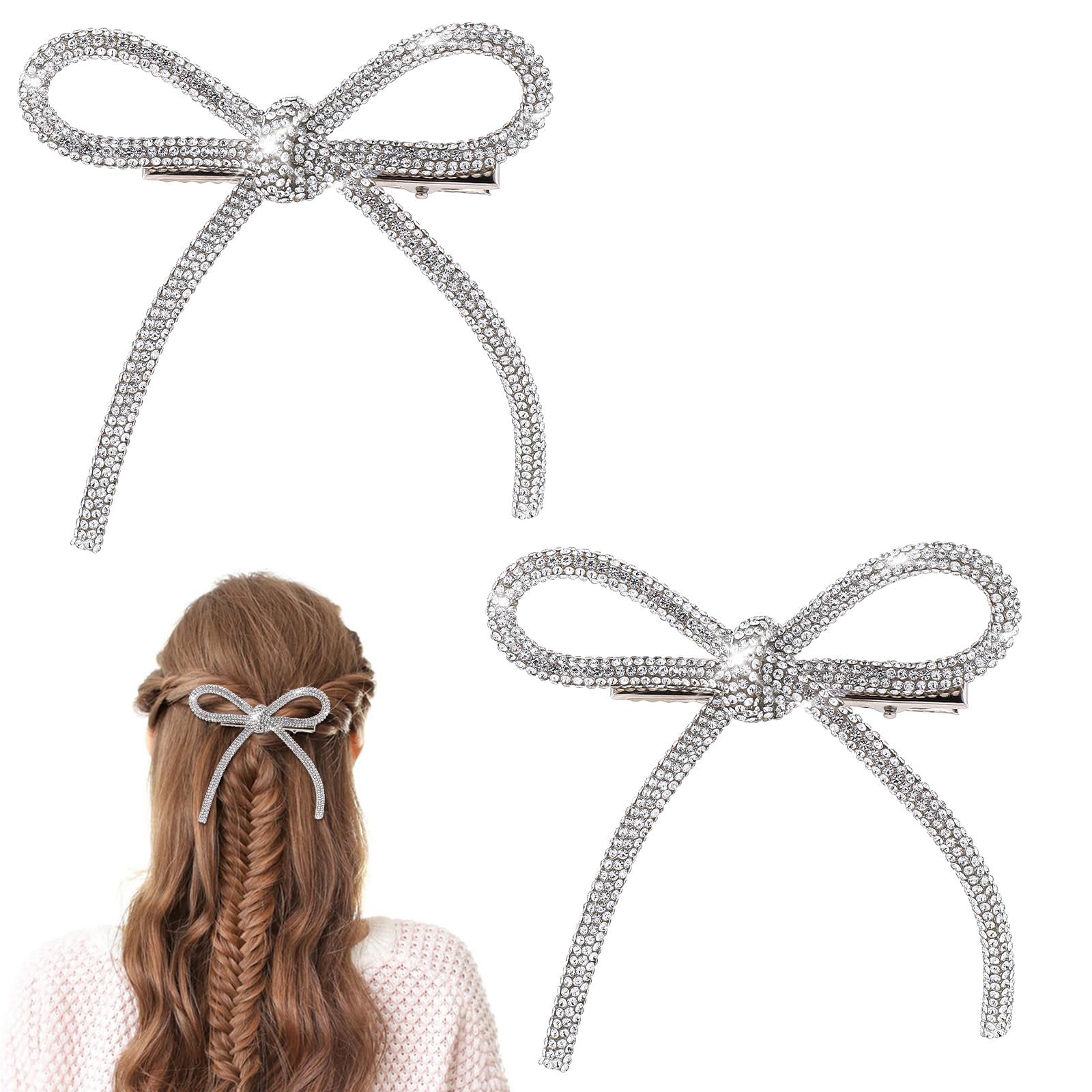 Photo 1 of 2 Pcs Bow Hair Clips Rhinestone Hair Accessories Silver Hair Bows for Women Crystal Prom Hairs Decoration Non-Slip Jeweled Bowknot Clips Duckbill Hairs Barrettes for Long Short-Hair