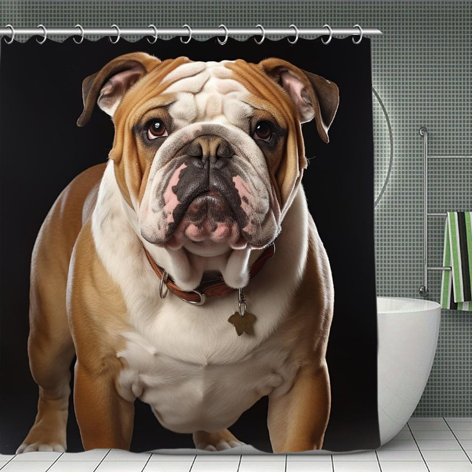 QMNLKH English Bulldog Shower Curtain with Hooks, Waterproof Bath Curtains for Bathroom, Lightweight Bath Curtains Liner for Hotel, Personalized Bath Curtain for Spa, 70.8 Inch