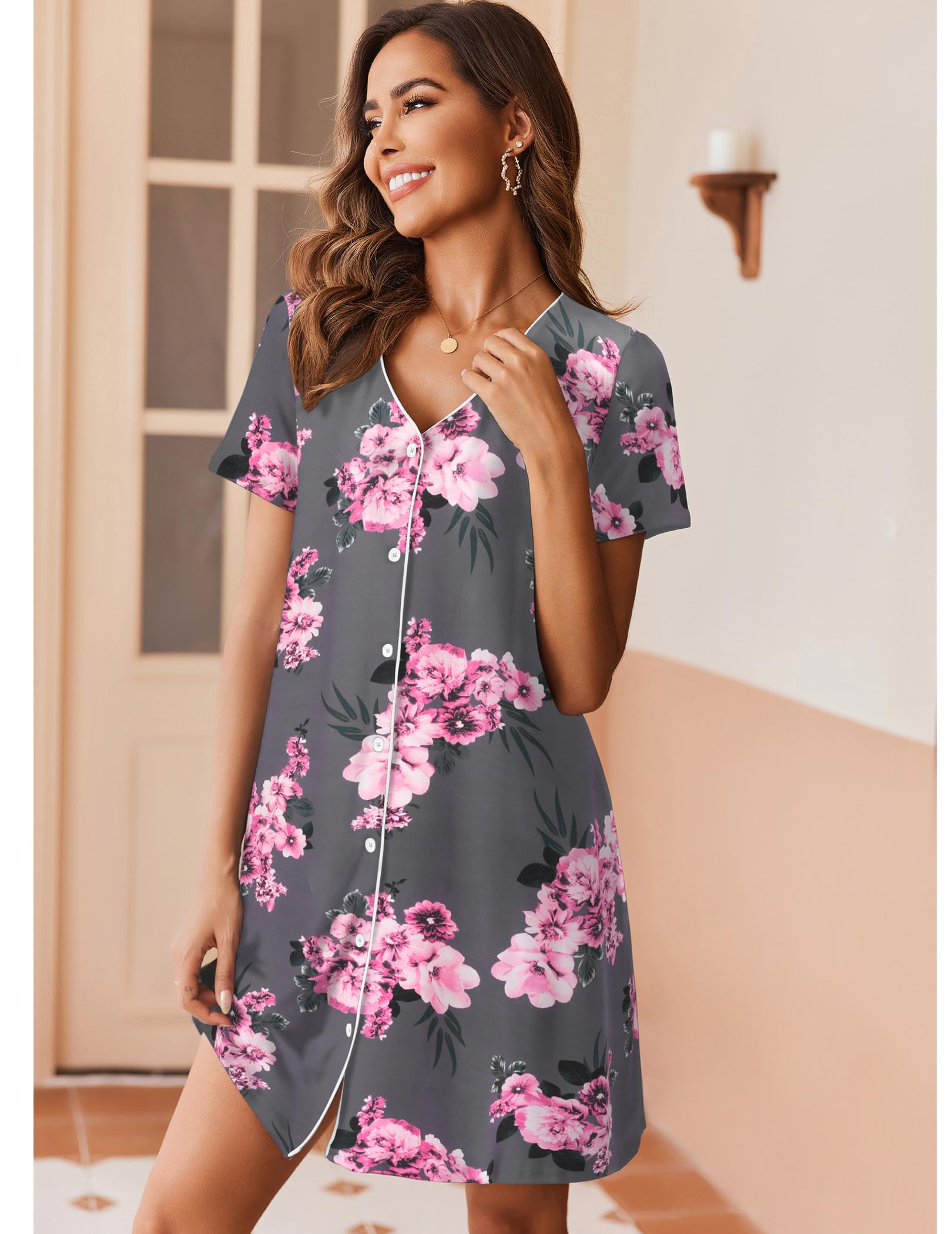 Ekouaer Confezione da 2 camicie da notte da donna con bottoni, maniche corte, scollo a V, camicia da notte morbida, abito da salotto S-XXXL
