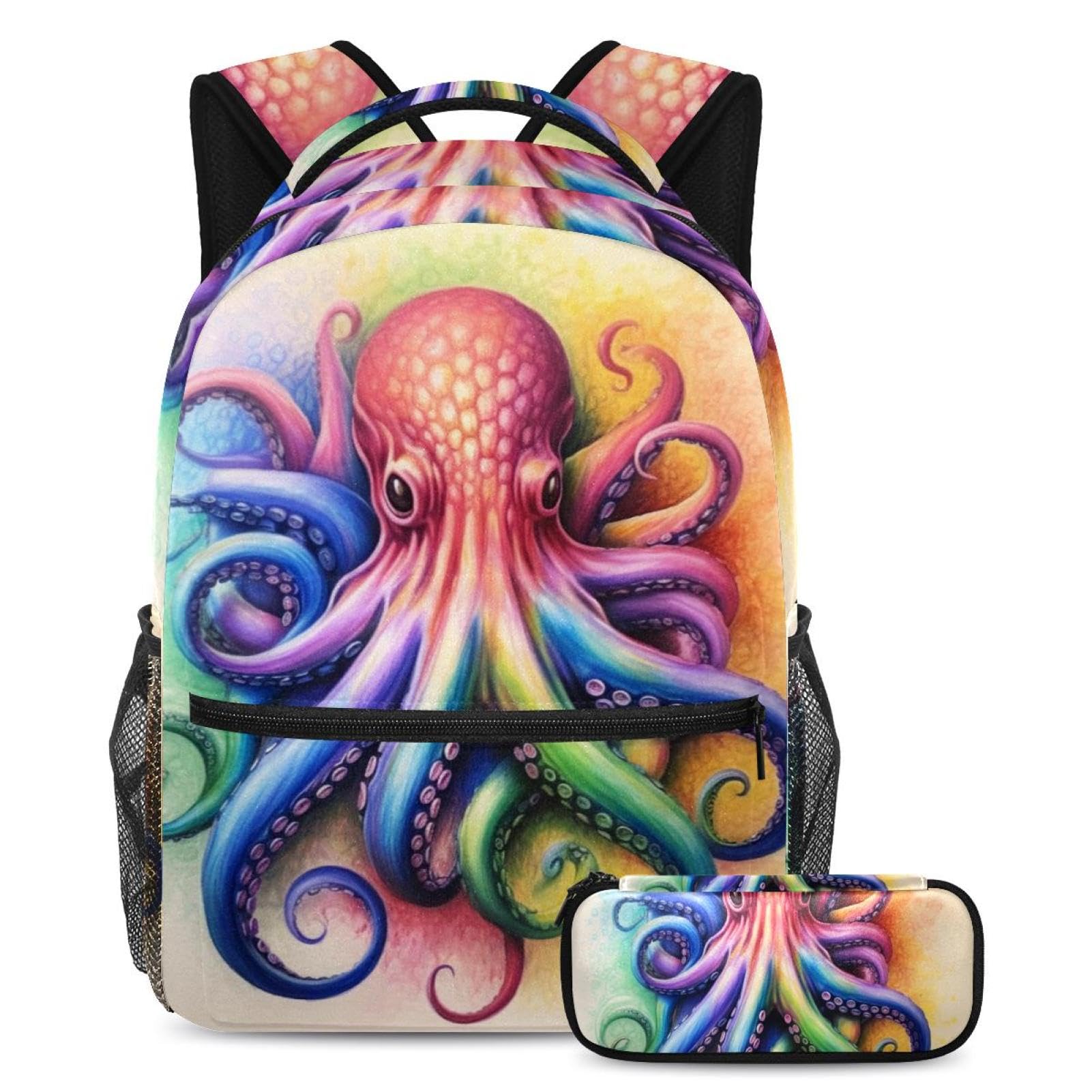 Sac à dos rétro multicolore pieuvre Deep Ocean avec trousse pour l'école et voyage - 7