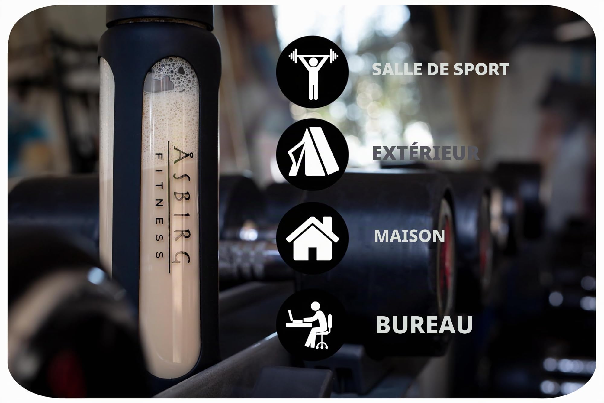 Shaker Protéines en Verre Trempé - 1000ml Gourde avec Boule Mélangeuse | Étanche, Sans BPA & Résistant | Noir