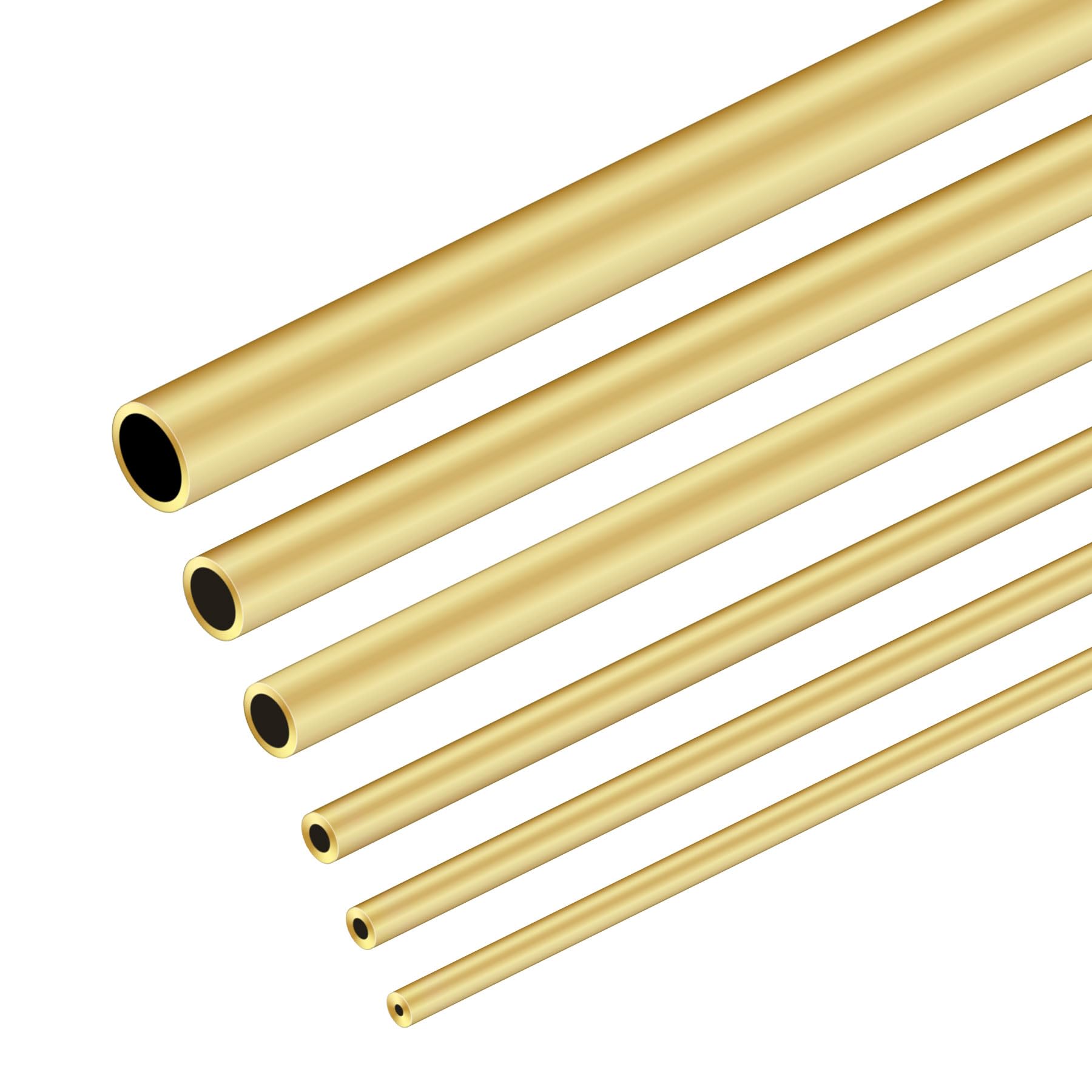Messing-Rundrohr-Set, 6 Stück, nahtlose, gerade Rohrrohre, 3 mm 4,5 mm 5 mm 7 mm 8 mm 10 mm OD x 1 mm Wandstärke, 300 mm Länge, Kupferrohre für Bastelarbeiten