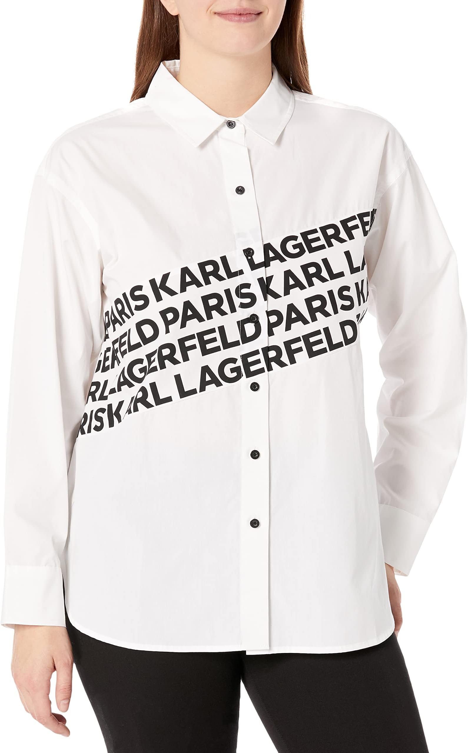 Karl Lagerfeld Paris Women's Long Sleeve Angled Logo Blouse, Diagonal Logo Soft White, S