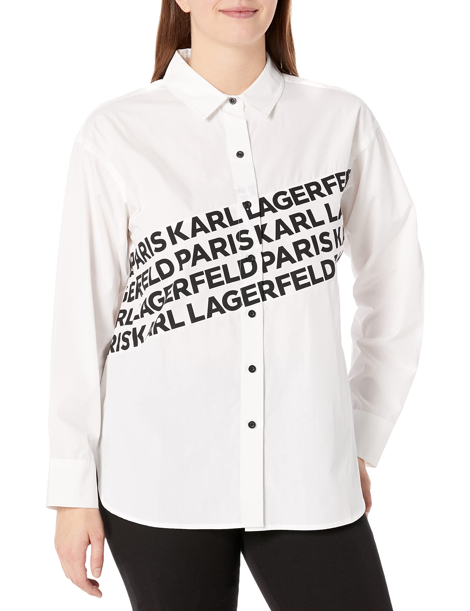Karl Lagerfeld Paris Women's Long Sleeve Angled Logo Blouse, Diagonal Logo Soft White, S