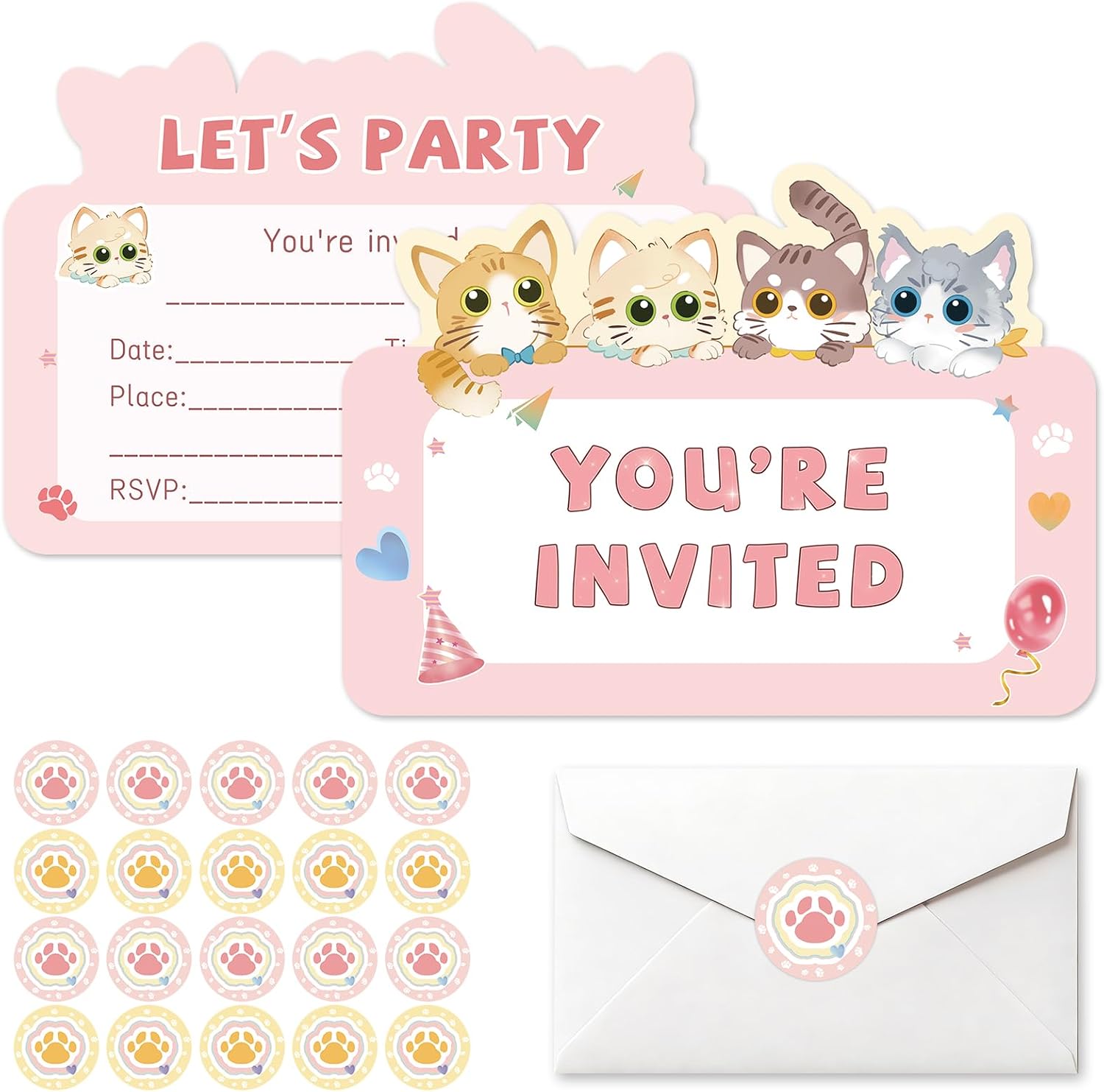 20Pcs Cat Birthday Party Invitations with Envelopes and Stickers for Girls