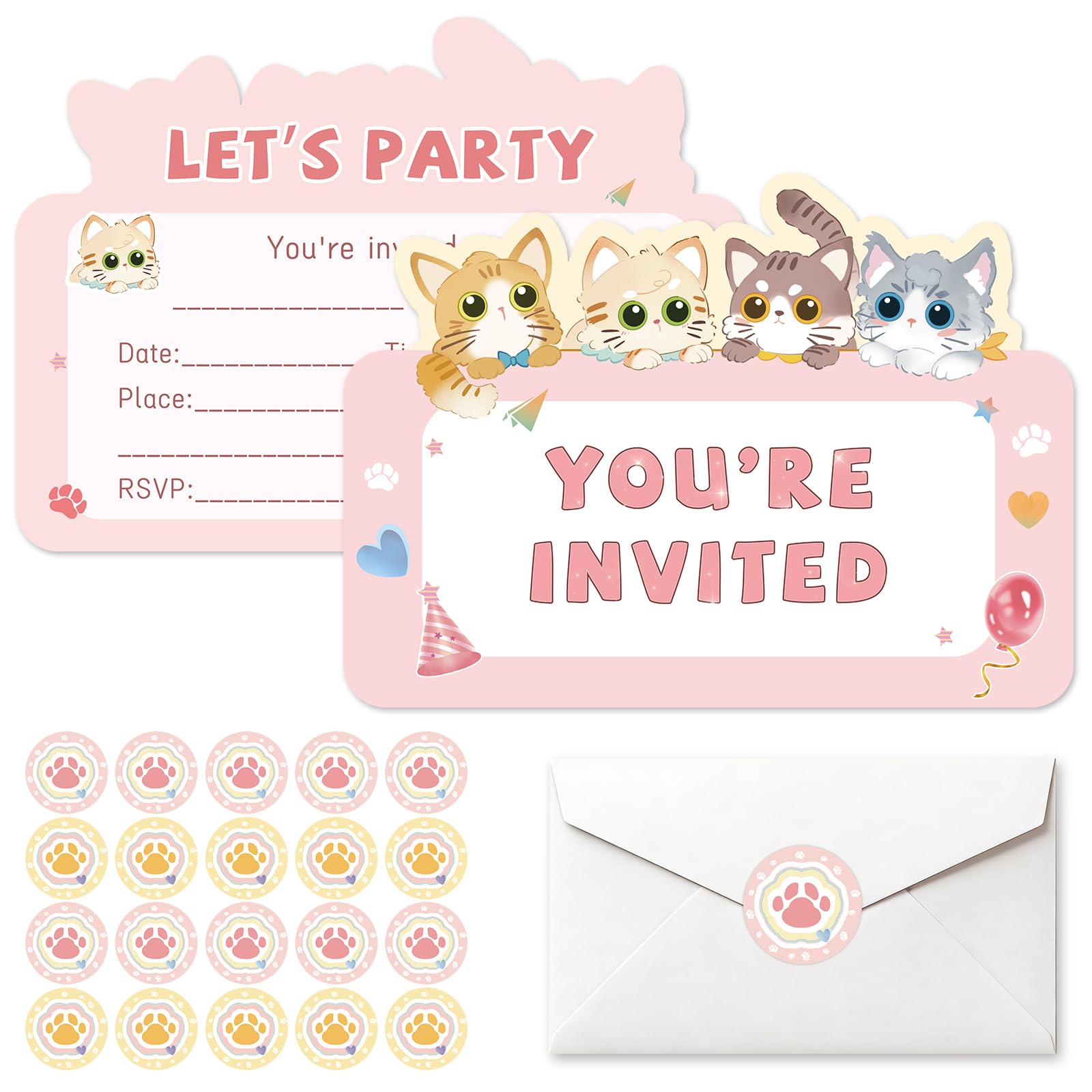 HOMANGA Cat Birthday Party Invitations for Girls, 20 Pack Pink Party Invites with Envelopes and Stickers, Kids Cat Theme Invitation Cards, 4 x 5.4 Inch