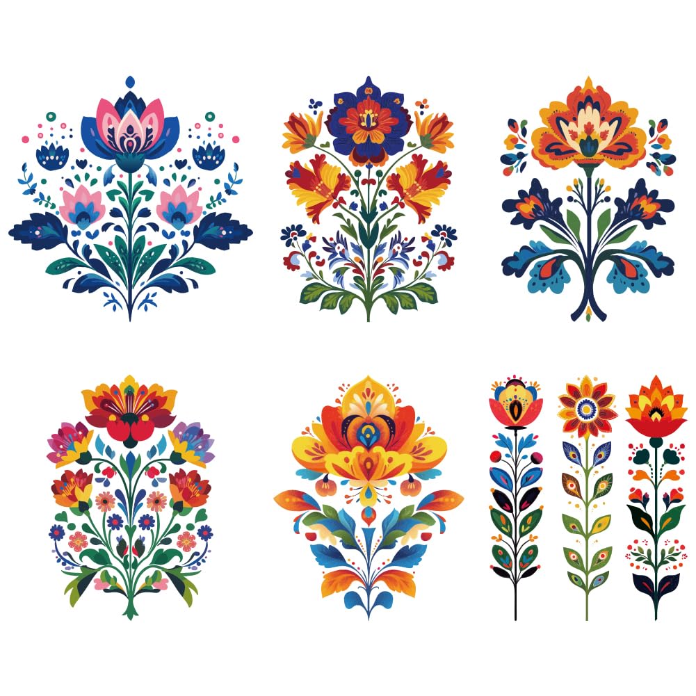 arricraft 6 Pcs Plastic Iron-On Transfer Logo Stickers, Colorful Folk Flower Pattern Heat Transfer Film Sticker Set DIY Hat Jacket t-Shirt Curtain Decoration Accessories