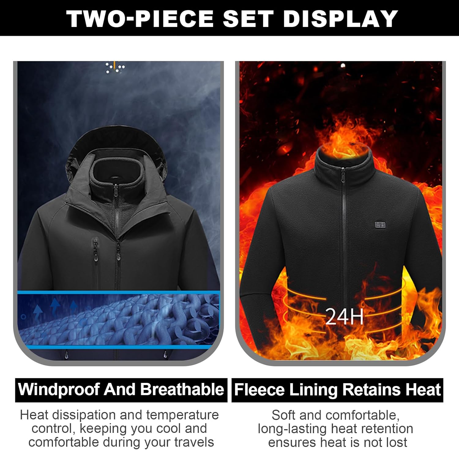 IQJBYU Men Dual-Control Heated Jacket, Water-Resistant Coat for Men with Battery Included, Soft Fleece Heated Hoodie 15 Heating Zones Heated Coat.(L) - Image 2