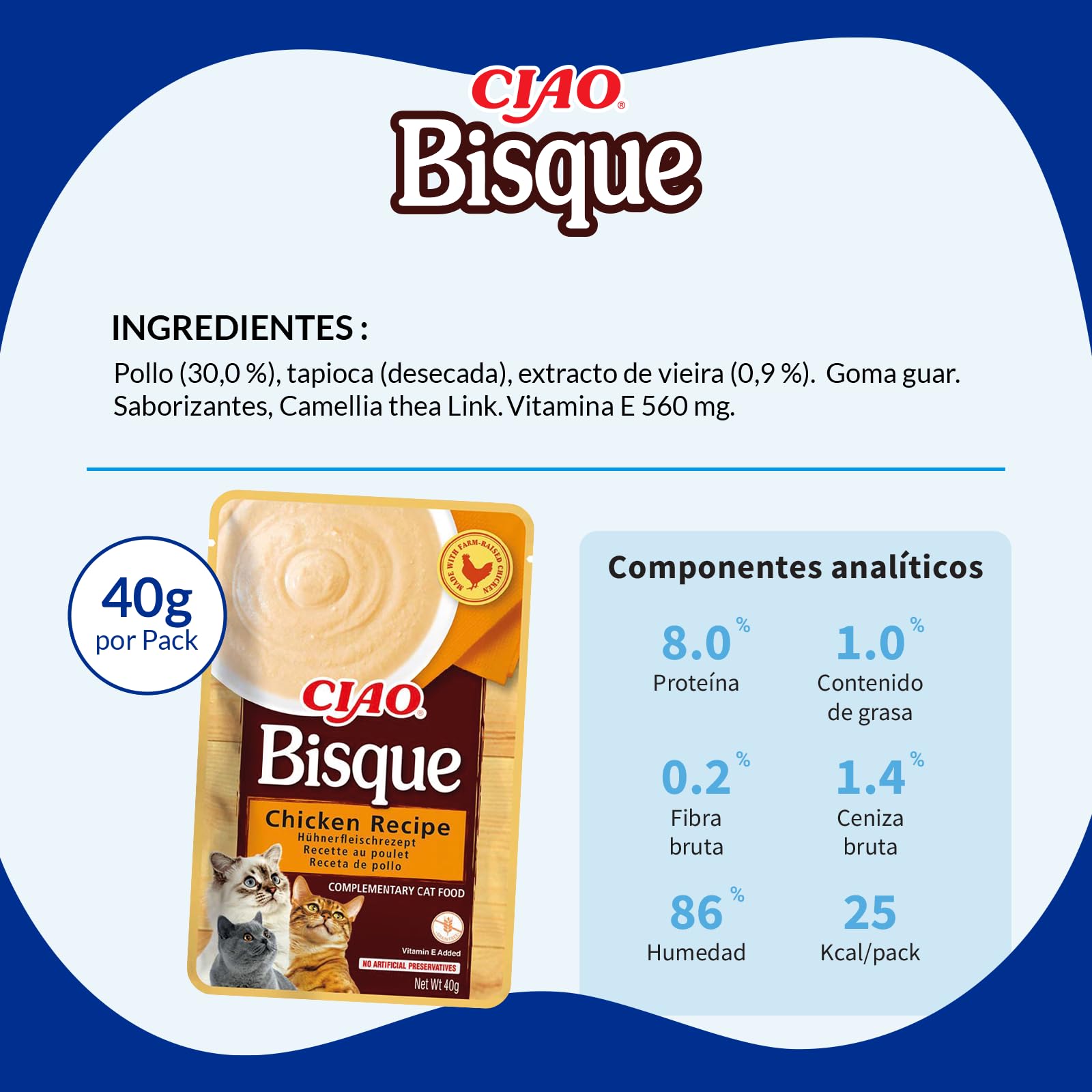 INABA Churu Gatos -Snacks de Puré - Receta de Pollo - Premios Cremosos Saludables - Sin Cereales, Conservantes, Colorantes - Sólo 16 Calorías - 480G(12x40g)
