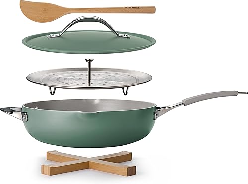 Vista 54 de Tramontina All-in-One Plus Pan Set, 5-Quart Ceramic Non Stick Cooking Pan with Lid, Steamer Insert, Bamboo Utensil and Trivet, Orange