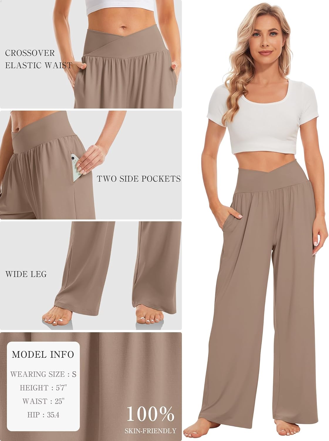 TARSE Women's Wide Leg Casual Loose Pants Yoga Sweatpants Comfy Crossover High Waisted Lounge Pajama Flowy Pants with Pockets - Image 4