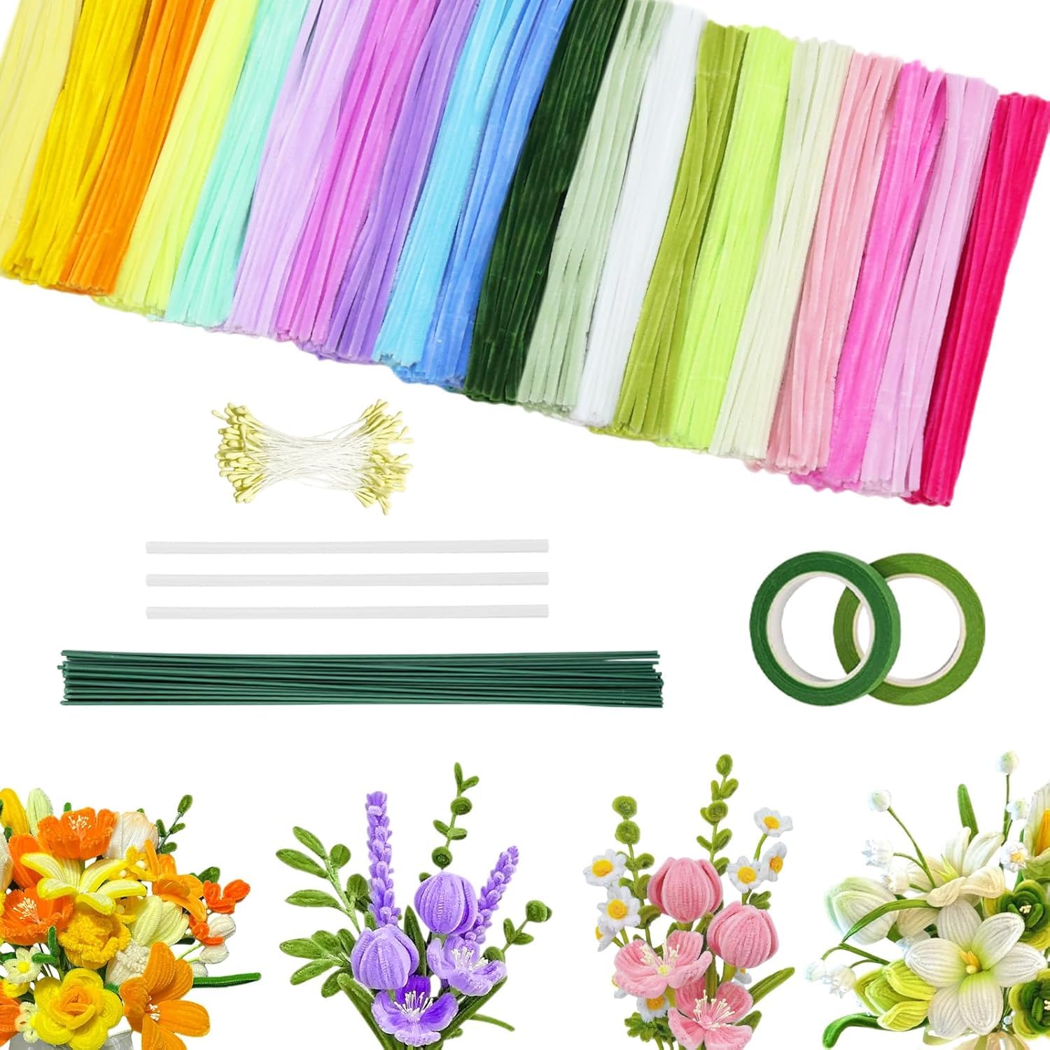 500 Stück Pfeifenputzer zum basteln, 20 Farben Pfeifenreiniger Blumen Set, Pipe Cleaner mit 25 Stück Blumendraht Grün, Klebeband, Geeignet als Geschenk zum Valentinstag und Weihnachten