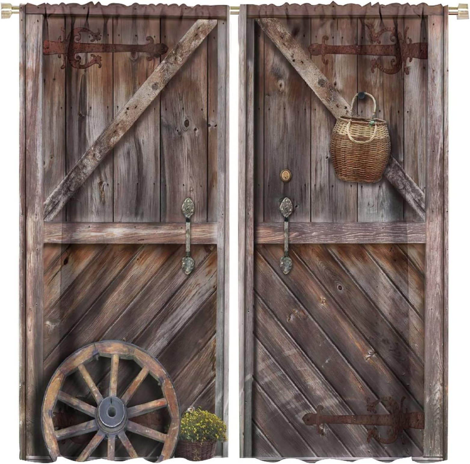 NC Rustic Barn Door Pocket Curtain Farmhouse Garage Gate Vintage Wooden Men Decor Western Country Retro Printed Printed Curtains Energy Efficient, Room Darkening 42x63in