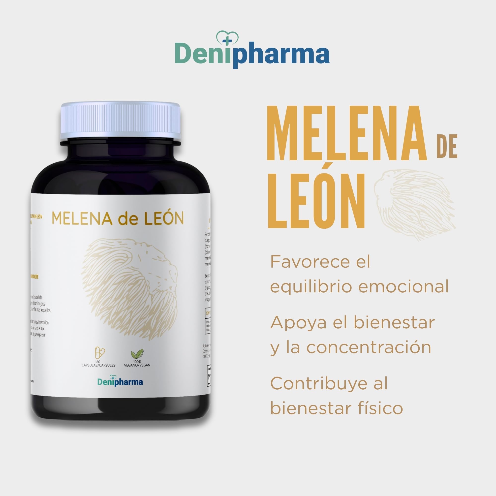 Melena de León - Nootrópico Natural – Mejora Memoria, Enfoque y Claridad Mental – Suplemento para Salud Cognitiva y Sistema Nervioso – 180 cápsulas | DENIPHARMA