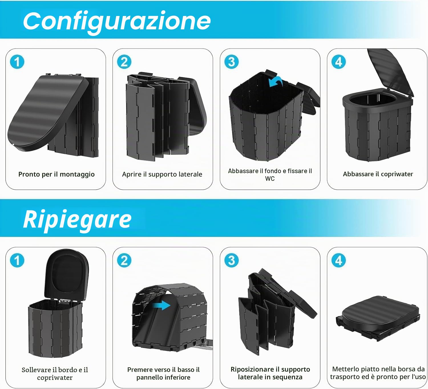 WC portatile per adulti e bambini, vasino pieghevole impermeabile per campeggio, auto, viaggi, attività all'aperto, escursioni, barca, spiaggia, tenda (nero)