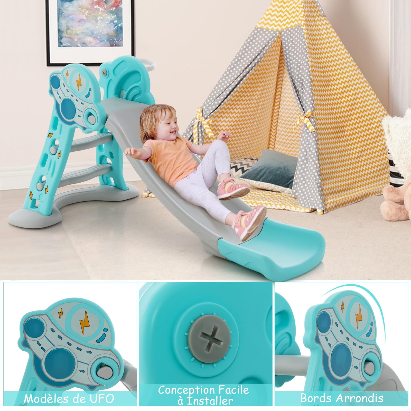 COSTWAY Toboggan 3 En 1 Pliable - Glissière 114 Cm, Panier De Basket, Marches Antidérapantes - HDPE Sans BPA, Intérieur/Extérieur, 18 Mois+, Charge 20 Kg