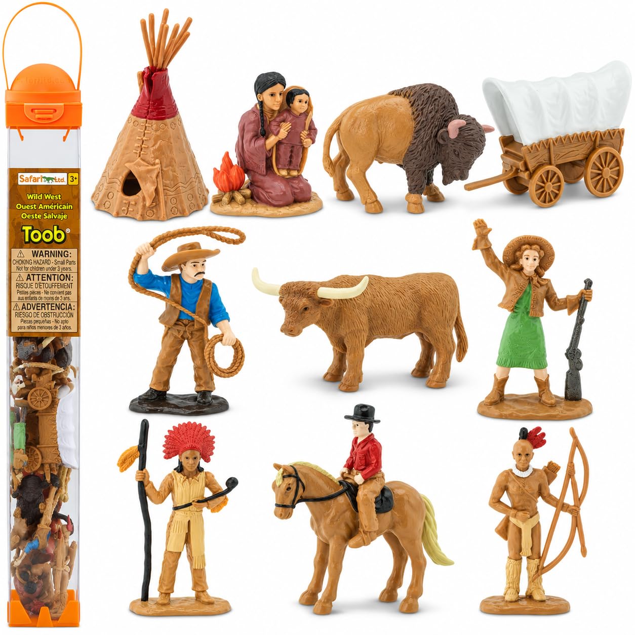 Wild West TOOB - 10 Figurines: Native Teepee, Bull, Wagon, Buffalo, Chief, Cowboy, Riding Cowboy, Saddled Horse - Educational Toy Figures For Boys, Girls & Kids Ages 3+