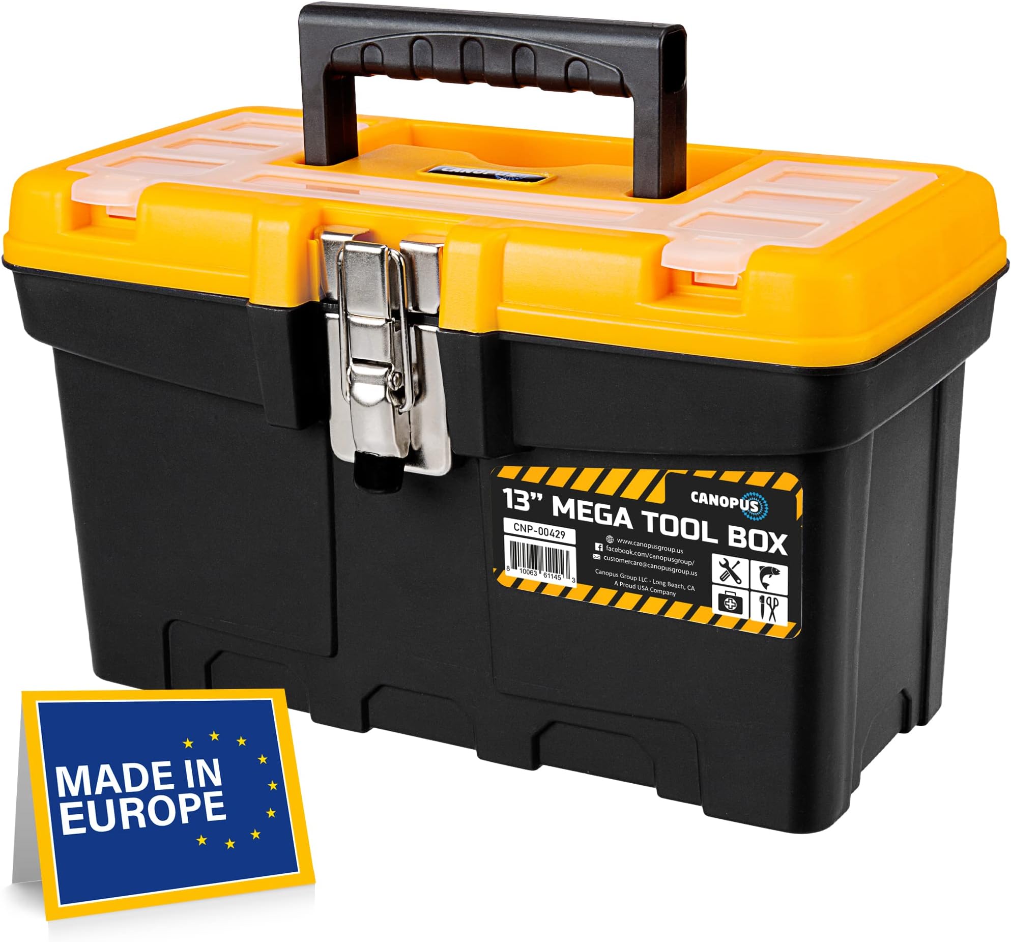 CANOPUS Plastic Toolbox, 13 inch Portable Deep Tool Box with Metallic Clutch, Tool Box Organiser with Extra Storage Tray for Home Tools, Nails and Pins, Black-Yellow