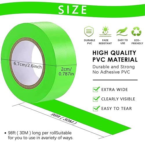 Miniatura 155 de Paquete de 10 cintas de señalización roja, rollo de marcado de neón de cinta de plástico no adhesivo, 1 pulgada x 2000 pies, cinta de marcado