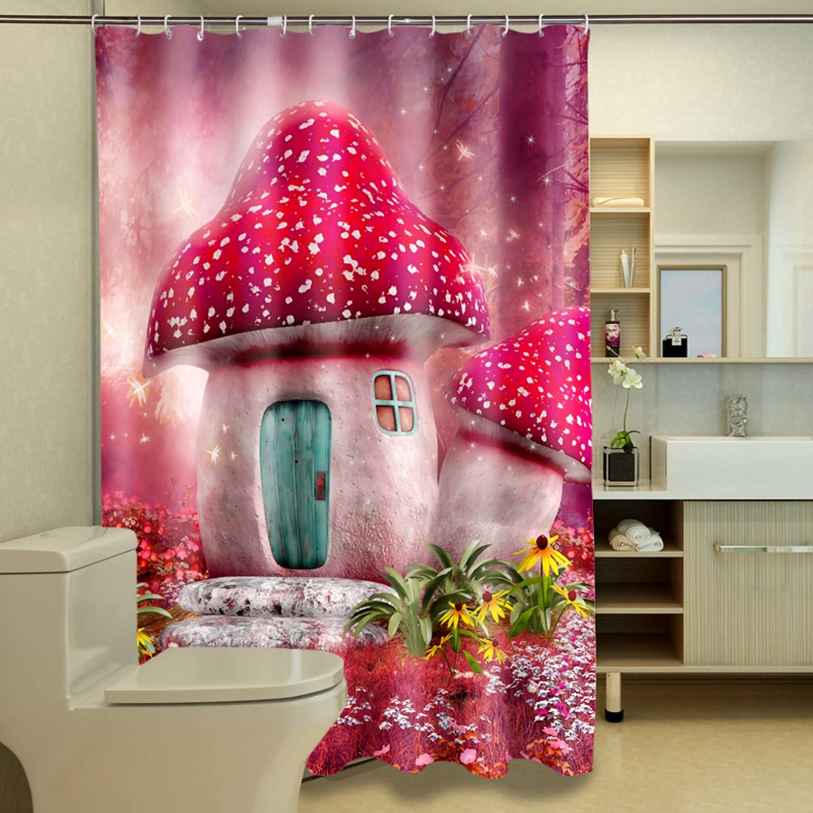 Rideau de douche japonais avec motif 3D maison aux champignons rouge et violet