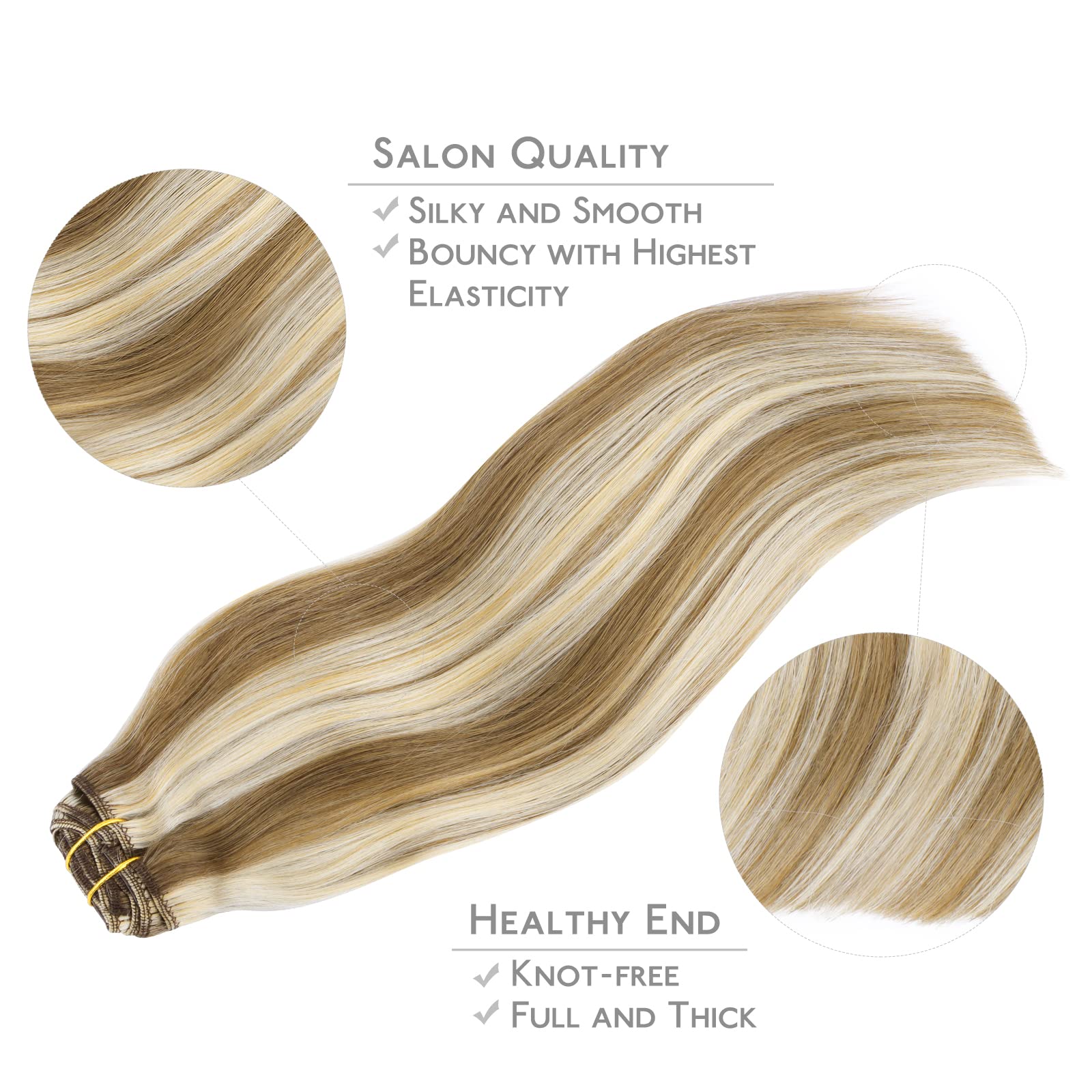 WENNALIFE Extension Capelli Veri Clip, 60cm 120g 7pcs Extension Clip Capelli Veri Castano Cenere con Riflessi Biondo Oro Remy Umani Naturali Capelli Extension con Clip