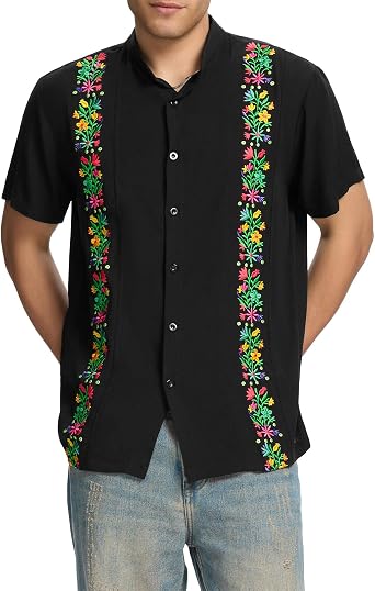 Mens Mexican Guayabera Shirt Short Sleeve Cinco De Mayo Shirts for Men with Elegant Embroidered Design