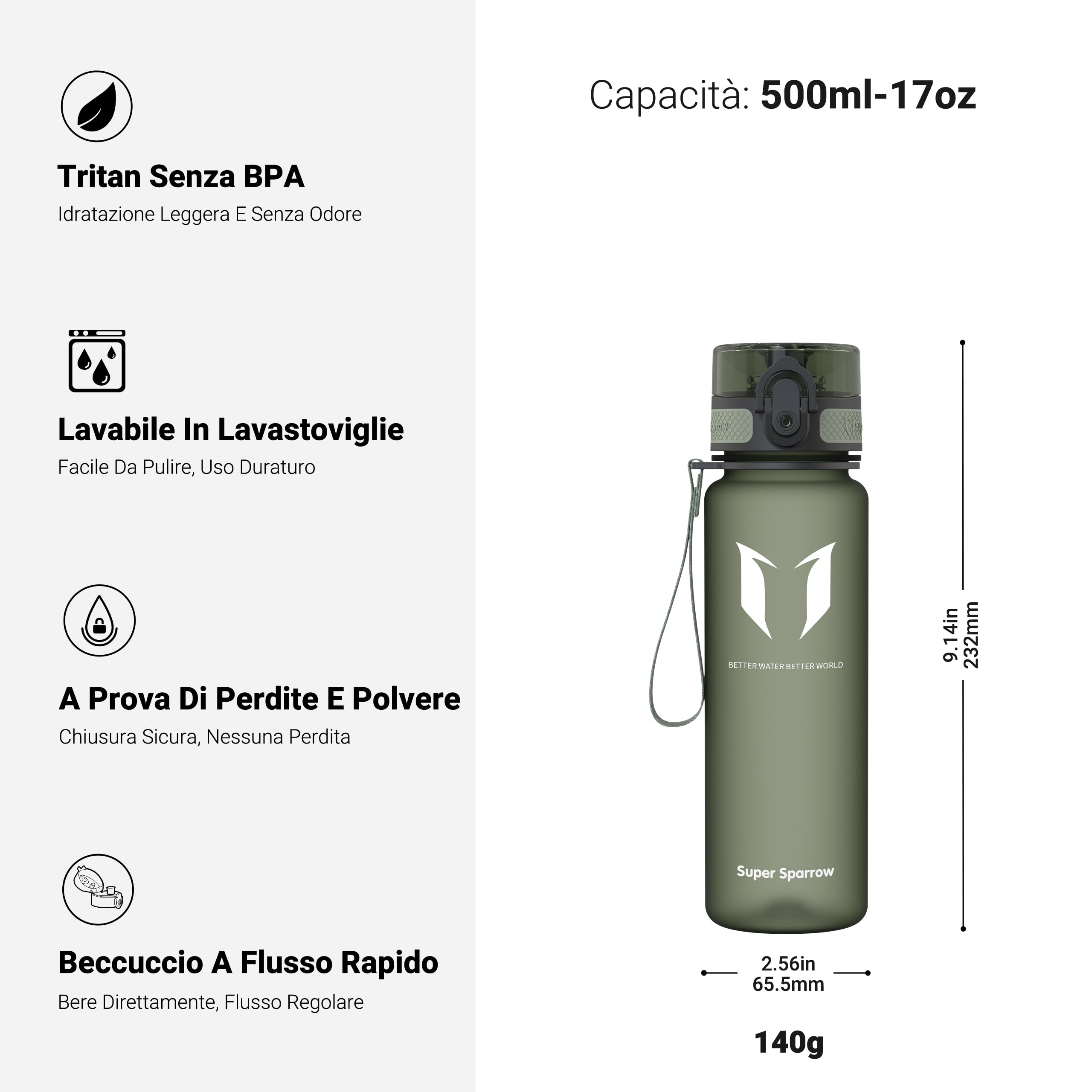 Super Sparrow Borraccia Sportiva & Bottiglia Bambini Senza Perdite - 350ml/500ml/750ml/1L/1.5L - Senza BPA